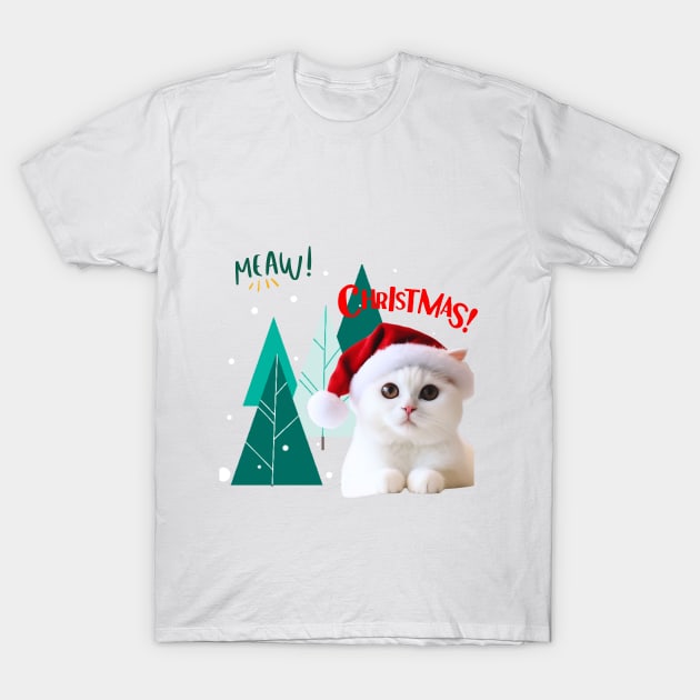 White Cat in Santa hat with Christmas Tree ,Brafdesign T-Shirt by Brafdesign